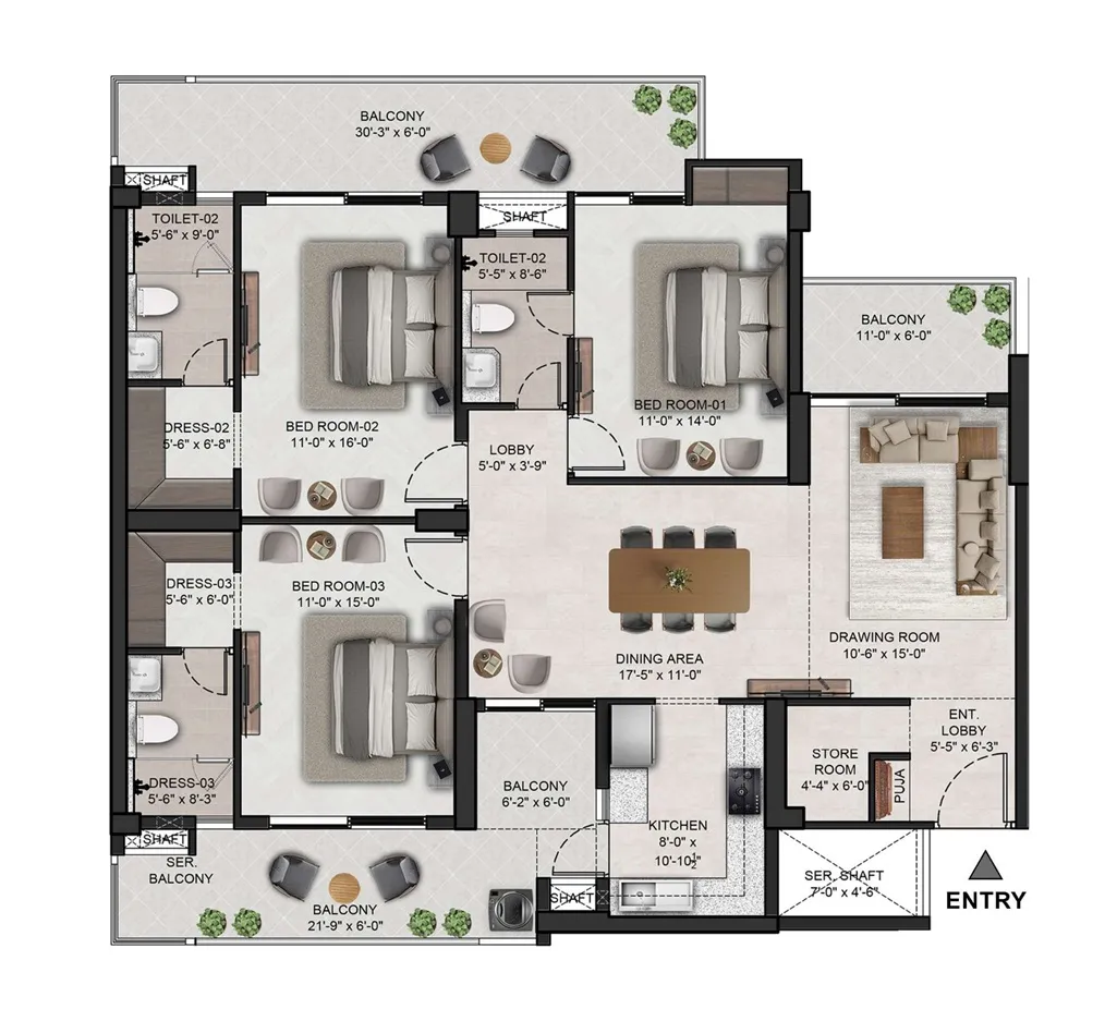3 BHK Premium floor plan 2354 sq.ft The Eden Park Zirakpur